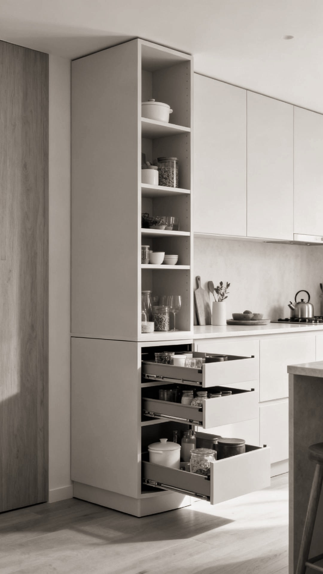 A Corner Cabinet Styled with Labeled Bins for Organization