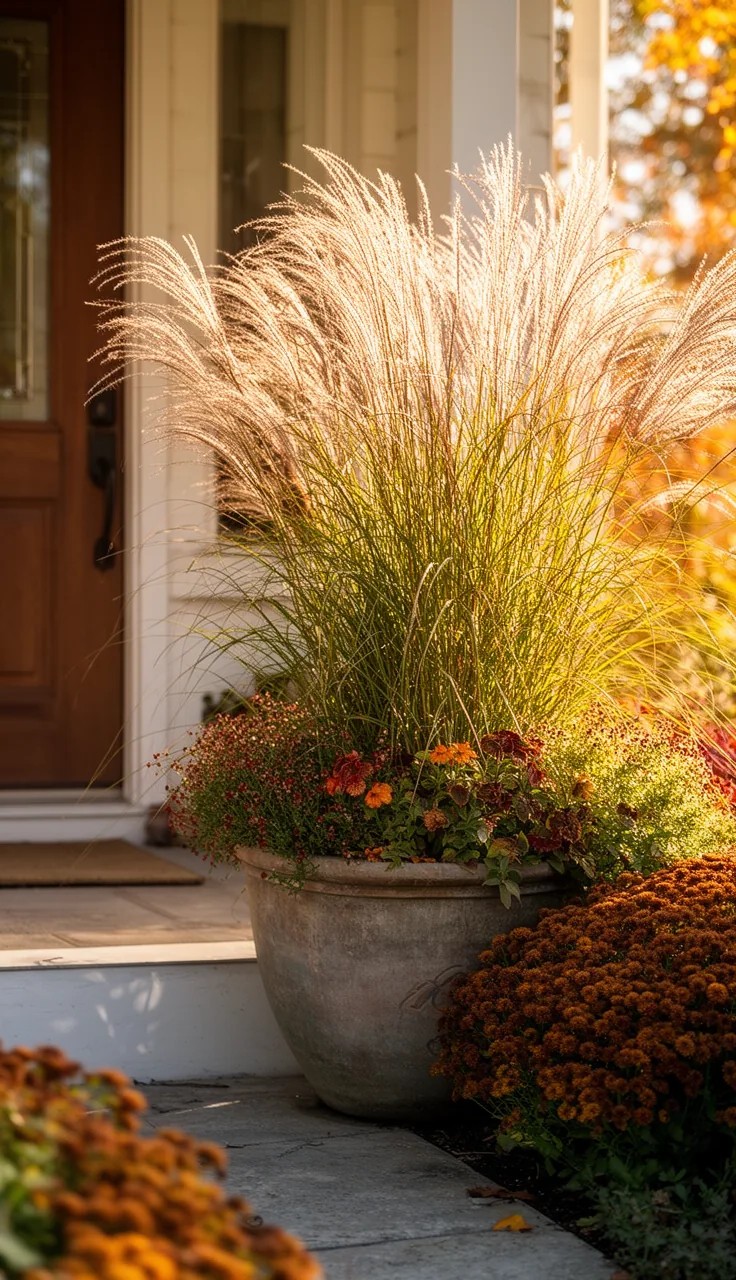 Black Planters with Bright Orange and Yellow Mums