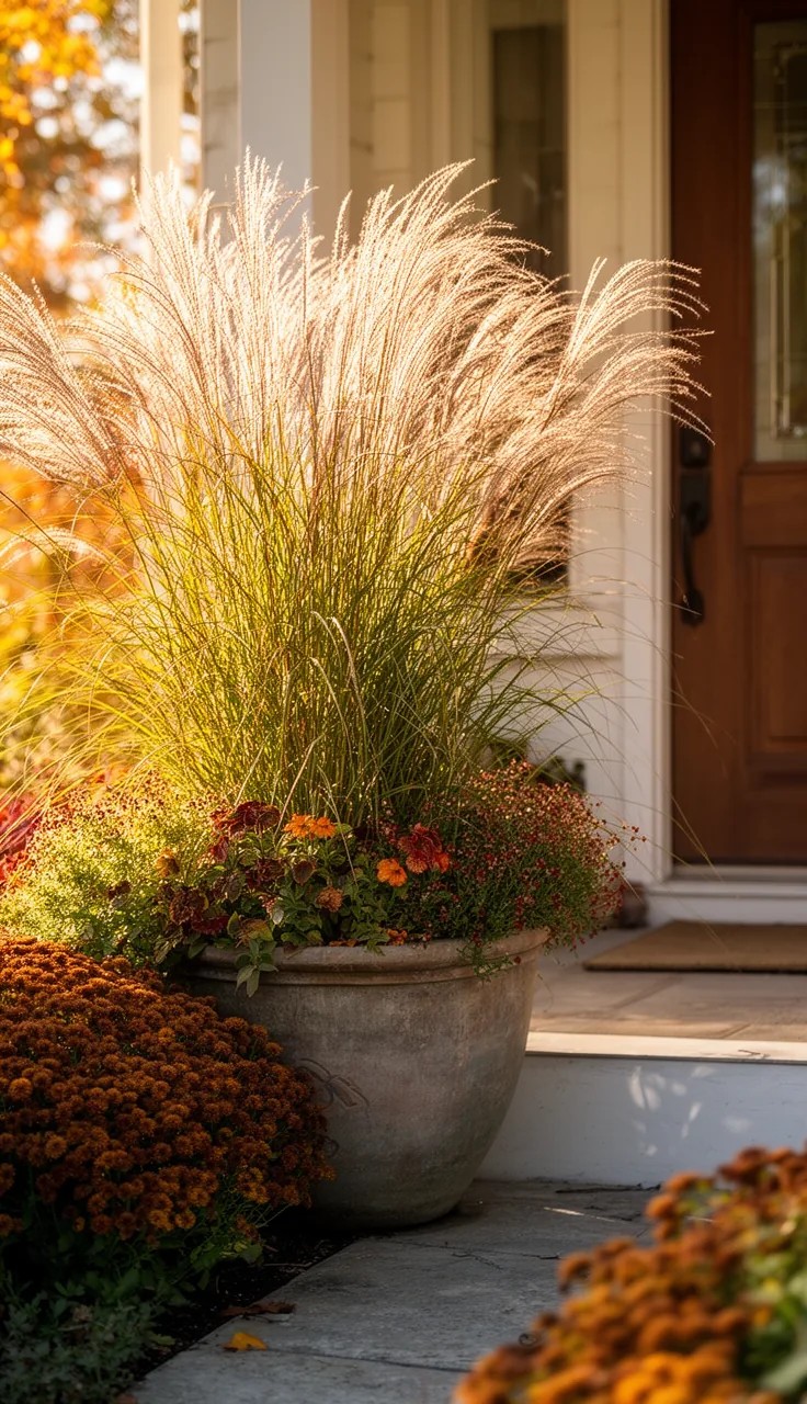 A Galvanized Metal Bucket Planter with Fall Foliage
