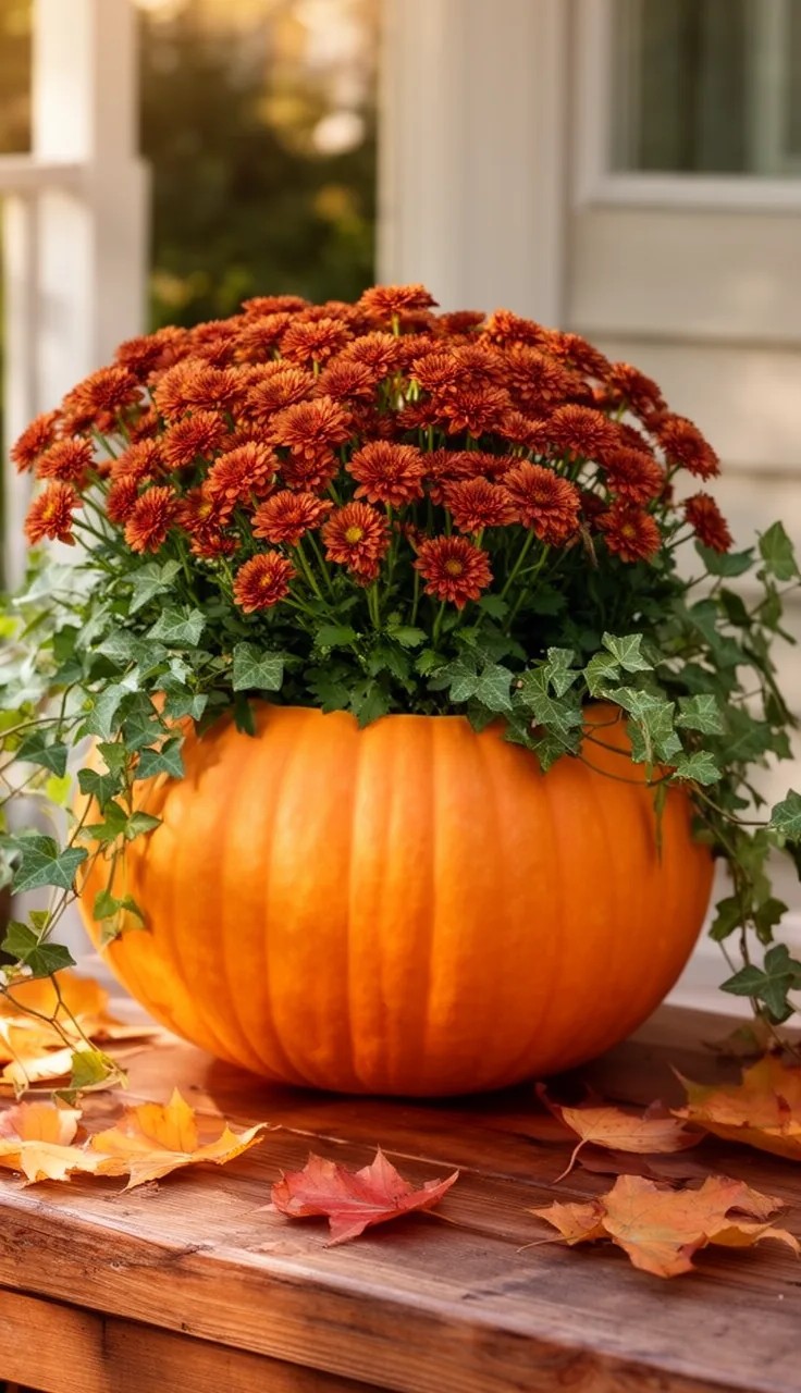 A Hay Bale Base Styled with Potted Mums