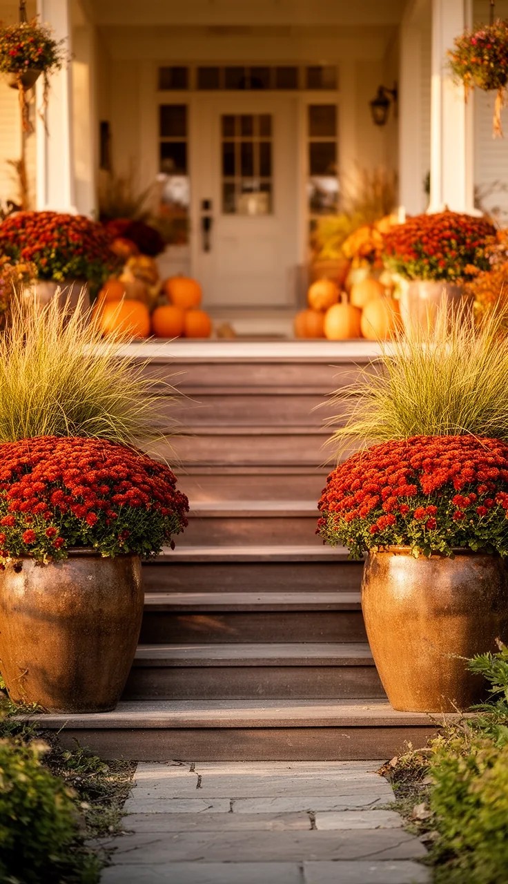 Mini Pumpkins Tucked into a Planter for Texture