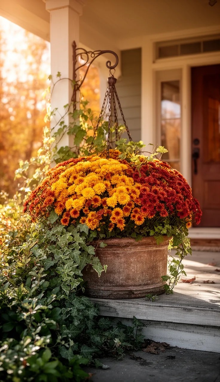 Ornamental Kale Paired with Warm-Toned Mums
