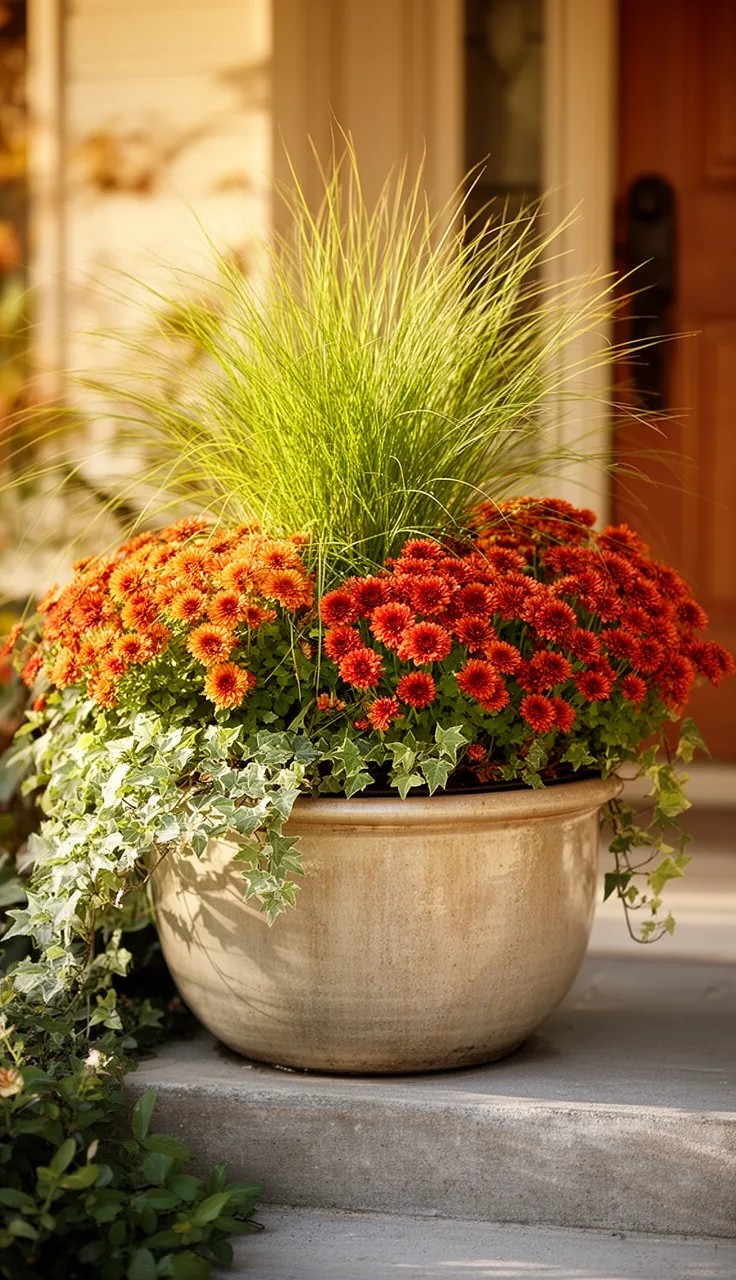 Layered Planters in Varying Heights on Porch Steps