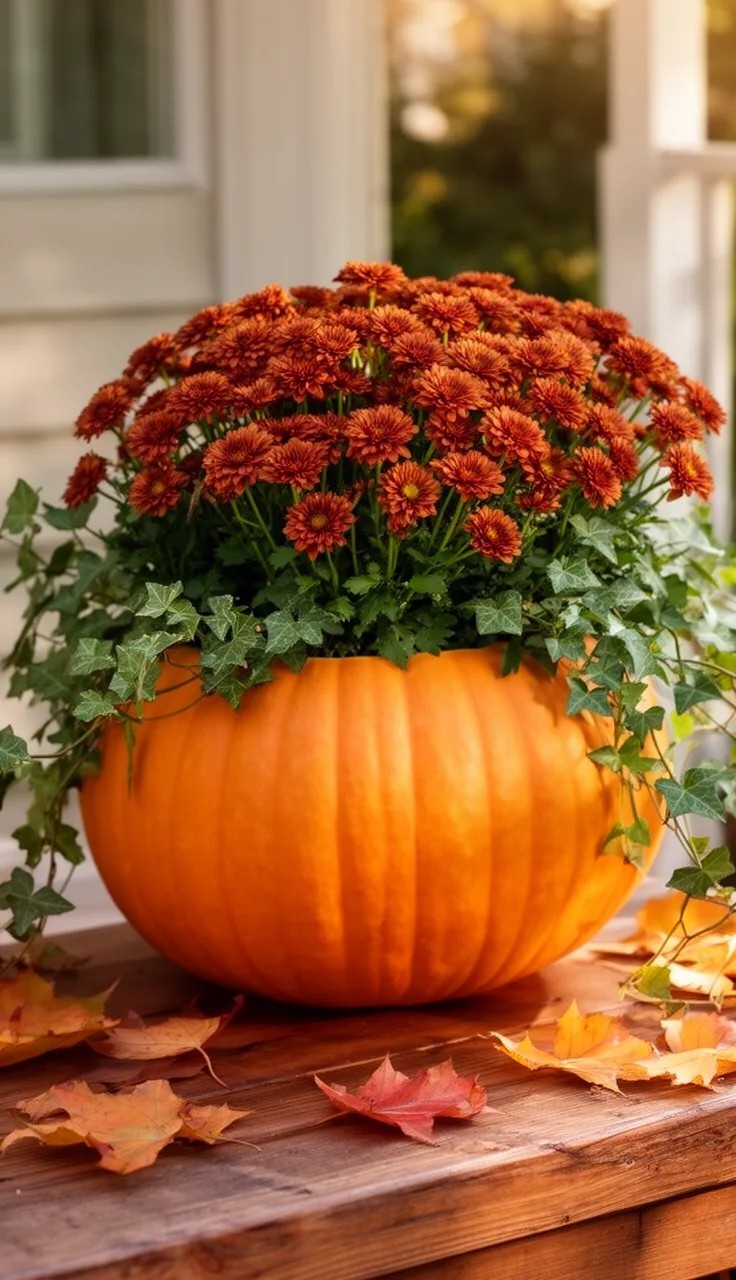 A Rustic Wood Crate Planter with Pumpkins and Gourds
