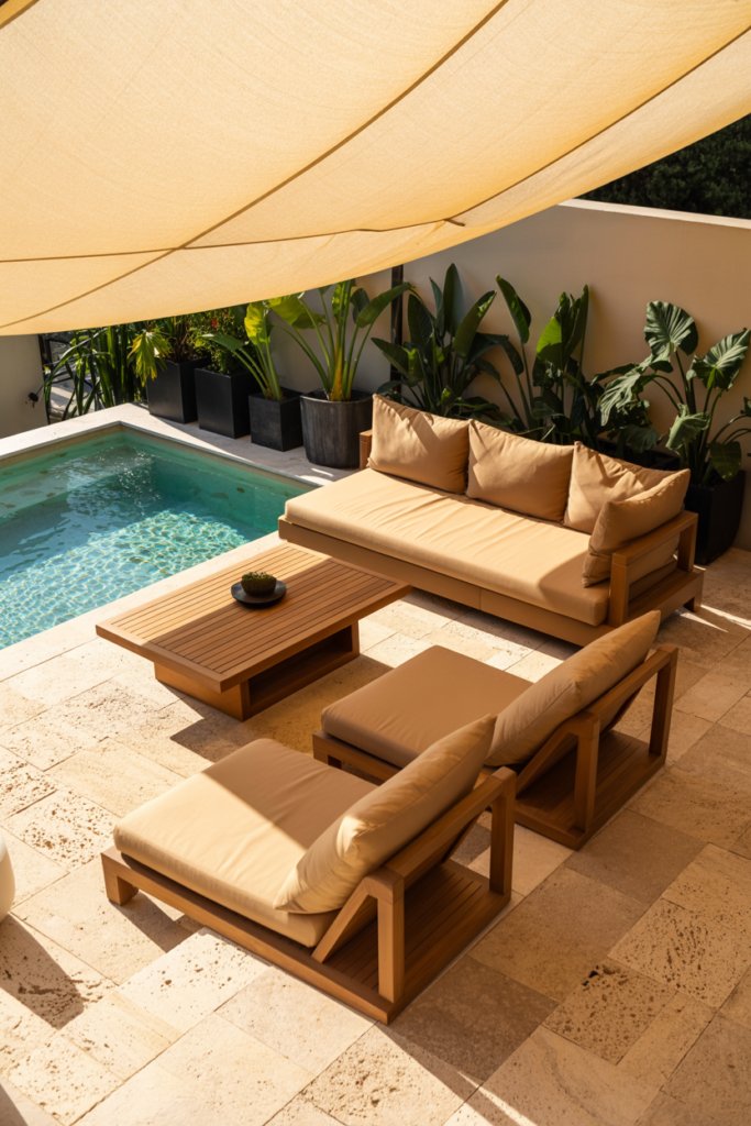 15. A Plunge Pool with an Adjacent Covered Lounge and Outdoor Kitchen