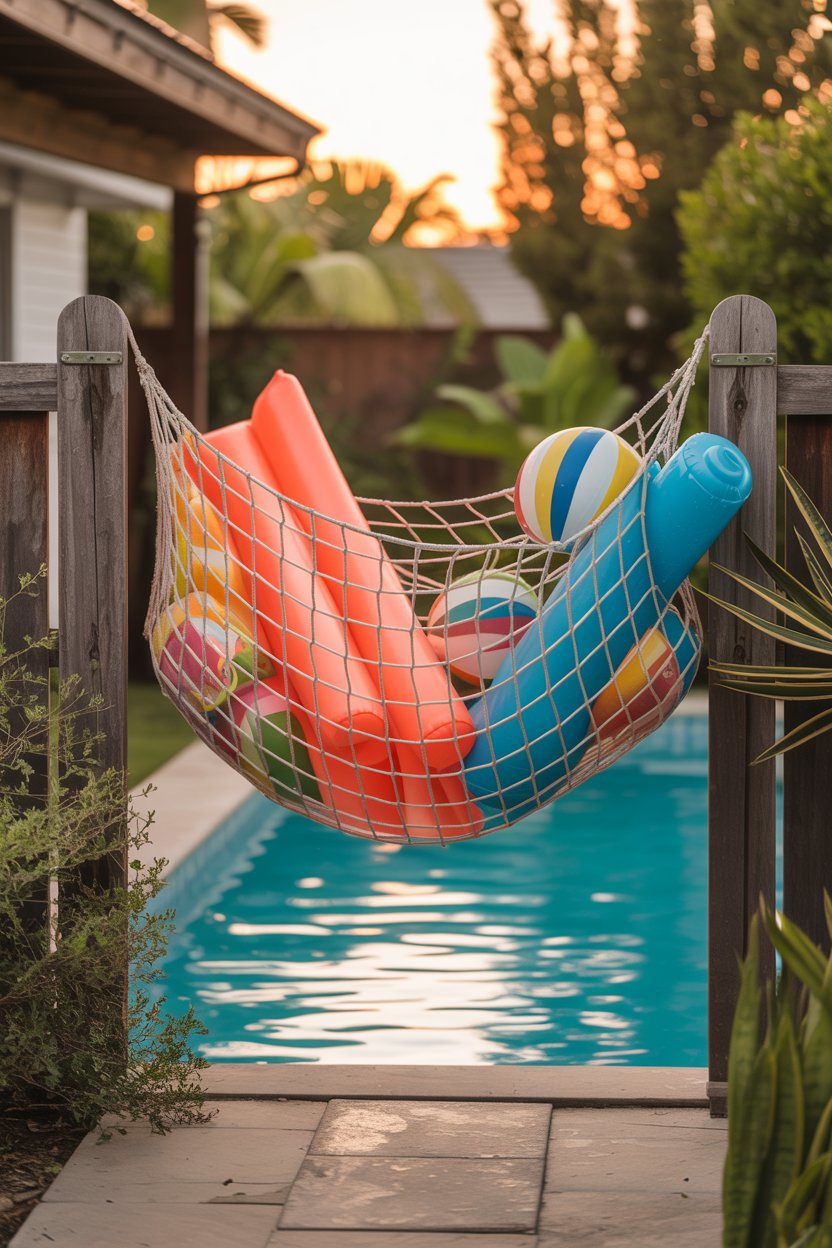 1. A Large Mesh Hammock Net Strung Between Posts for Float Storage