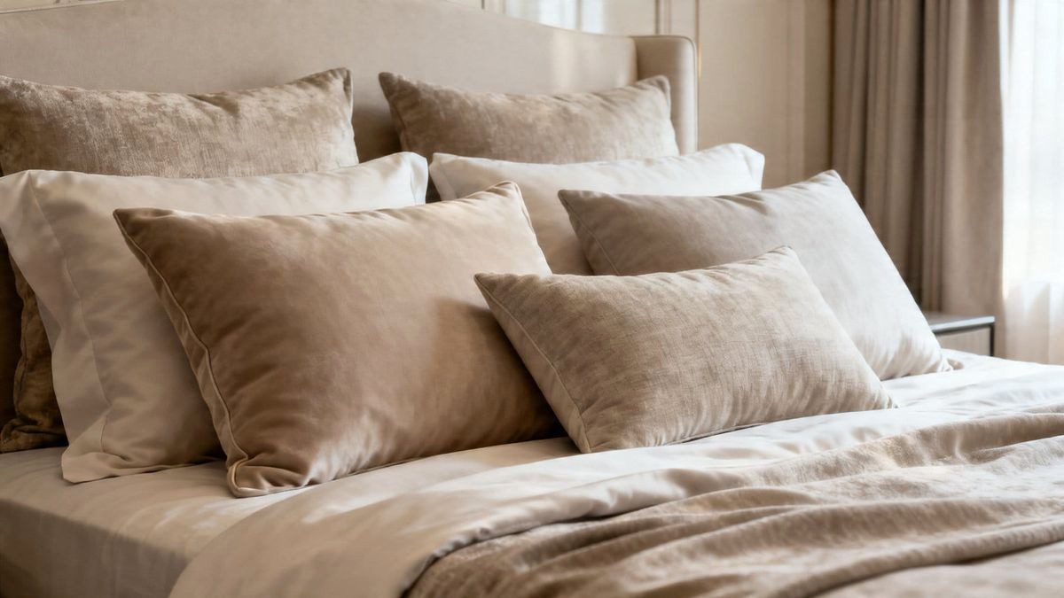 Casual Asymmetrical Pillow Stack on Queen Bed in Relaxed Loft