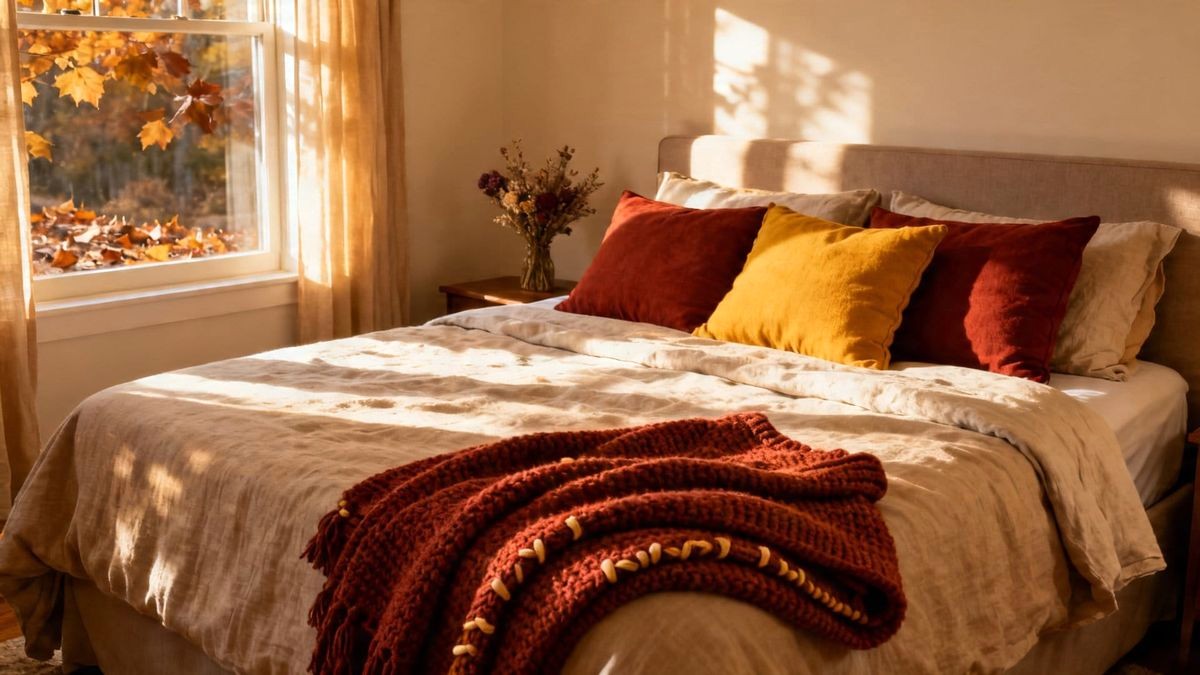 Eclectic Bohemian Pillow Pile with Fringe Kilim and Tassels on Queen Bed