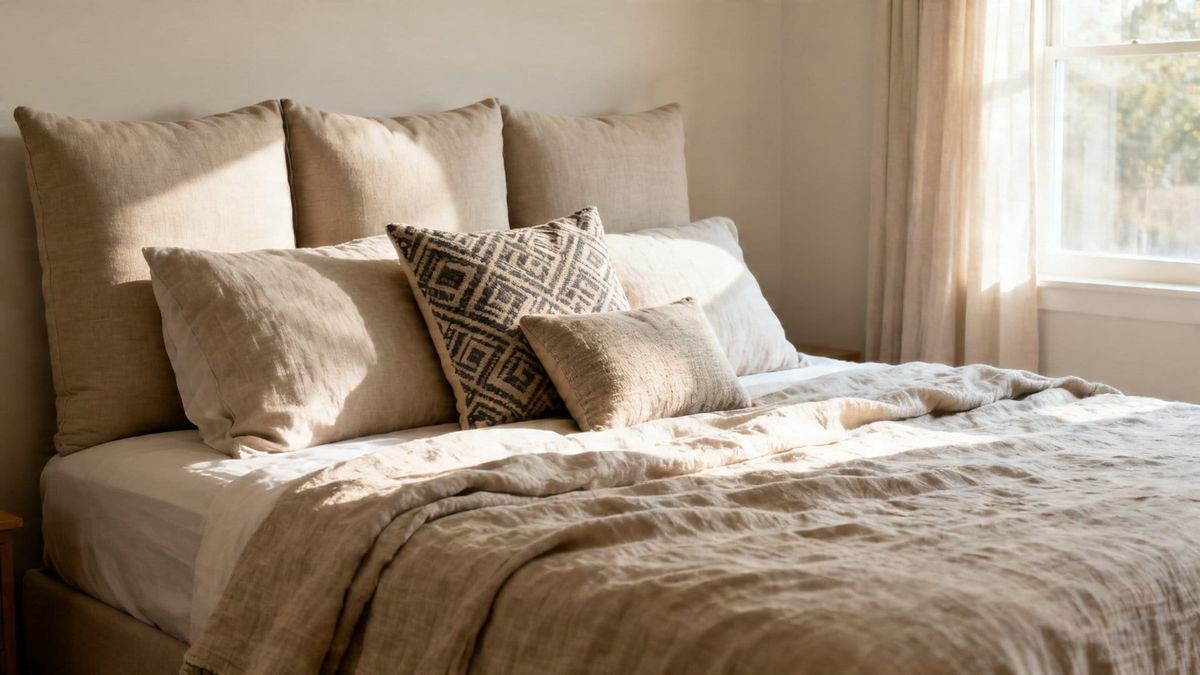 Minimalist Four Pillow Arrangement on Queen Bed with Linen Accents