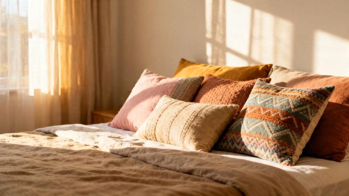 Clean Modern Minimal Three Pillow Styling with Extra Long Lumbar on Queen Bed