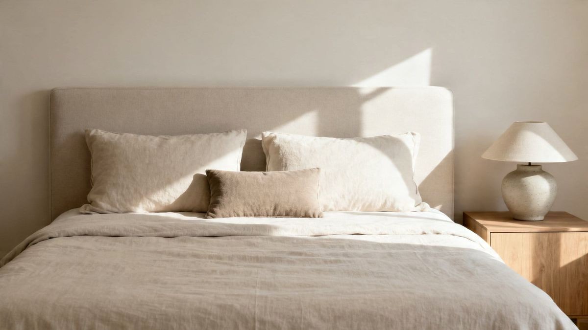 Tonal Oatmeal Monochromatic Pillow Layer with Rich Textures on Queen Bed