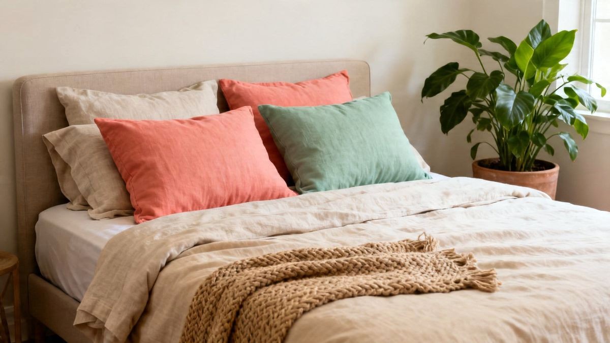 Designer Pattern Mix Pillow Arrangement Featuring Stripes and Florals on Queen Bed