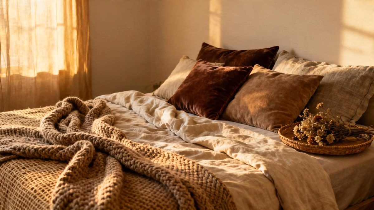 Symmetrical Six Pillow Arrangement with Cascading Tiers on Queen Bed