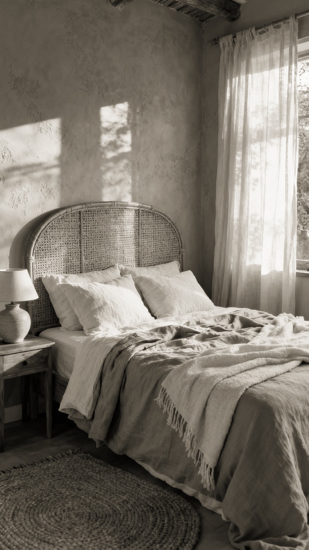Cream Bedding with a Sage Green Area Rug