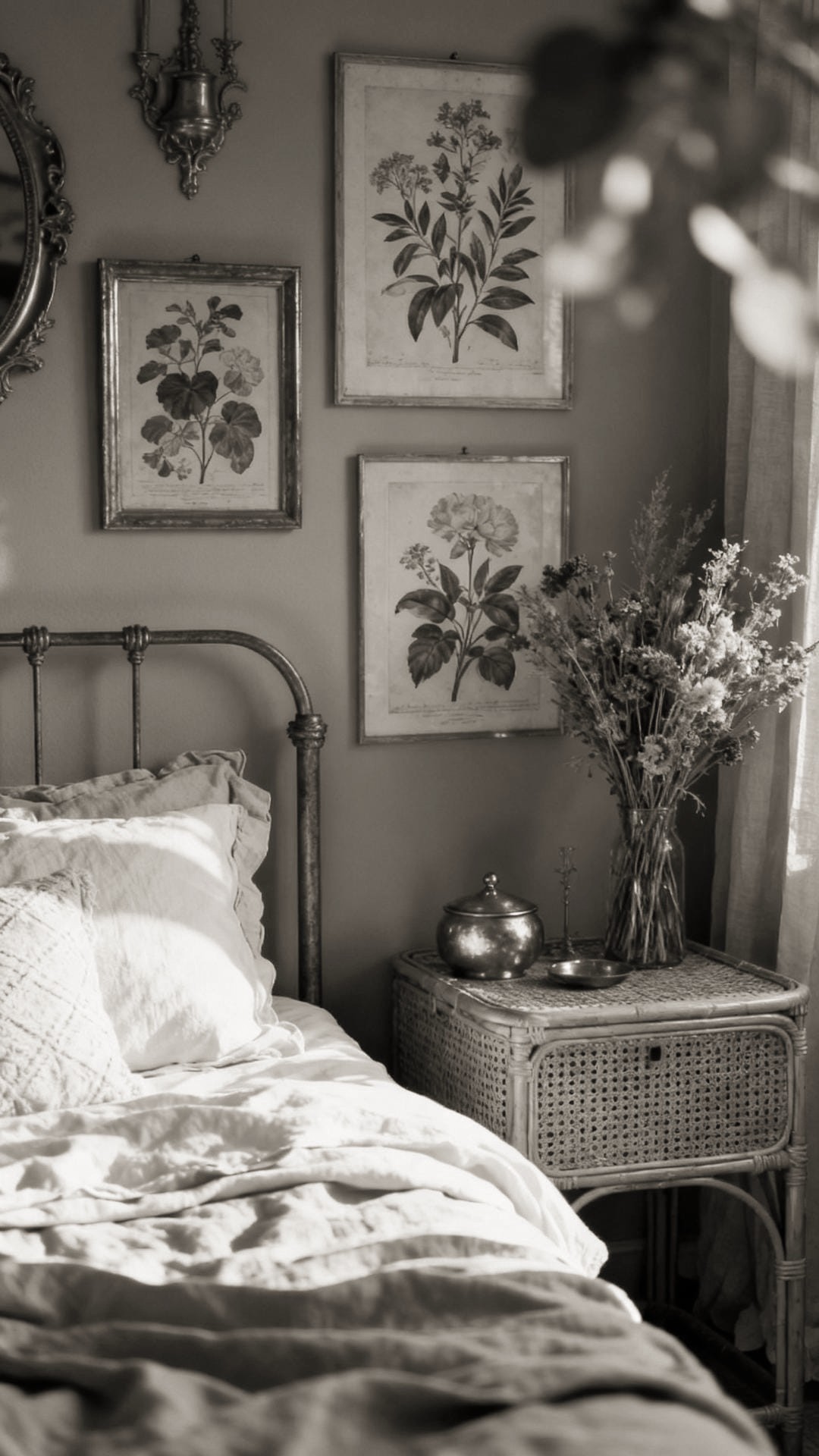 Textured Cream Bouclé Accents Against Sage Walls