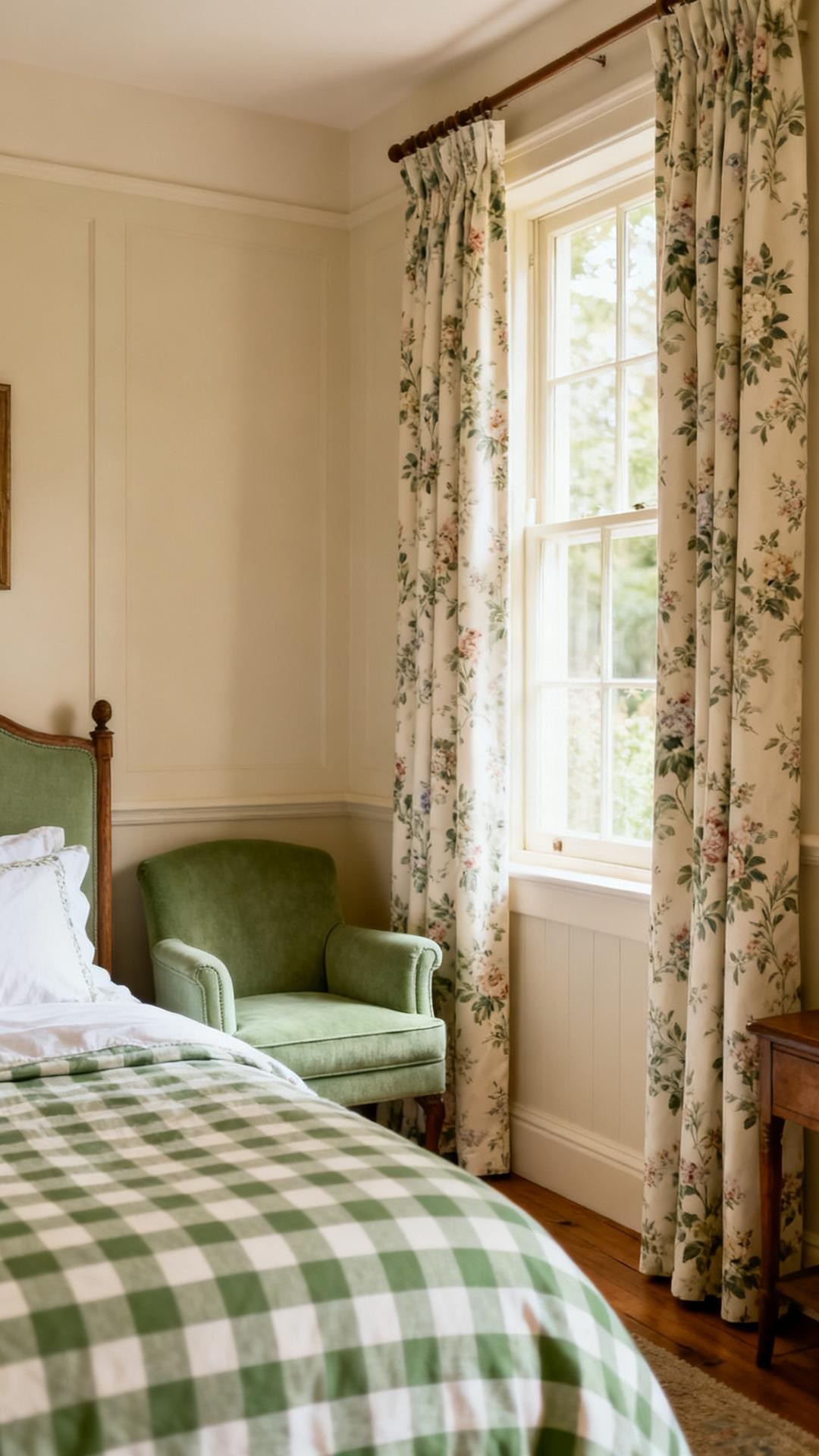 Cream Curtains Against Sage Green Walls