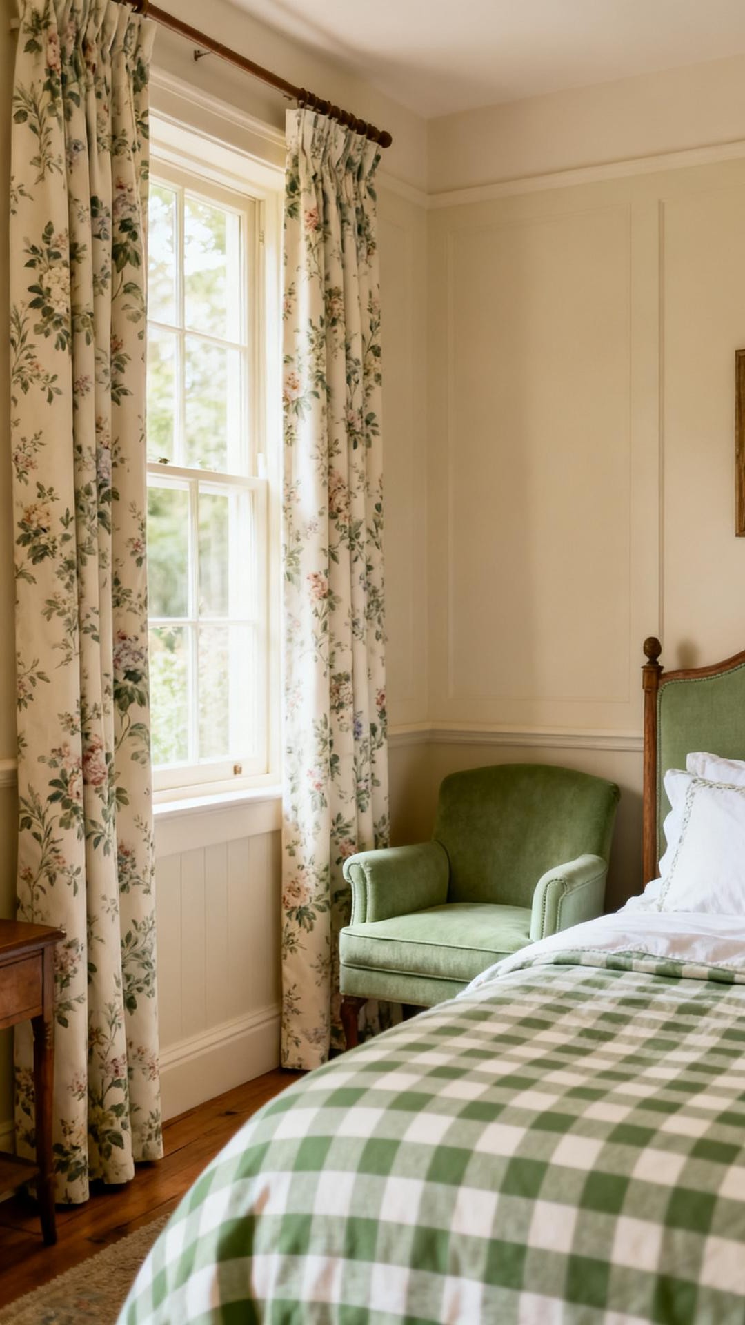 Sage Green Nightstands with Cream Lamp Shades