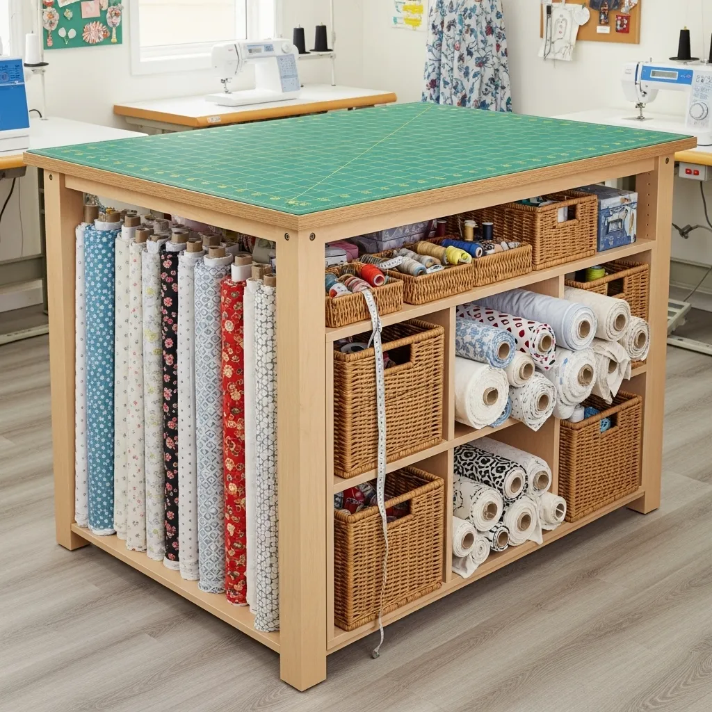 Counter-height craft cutting table in a bright sewing room with built-in lower storage shelves holding cutting mats and fabrics