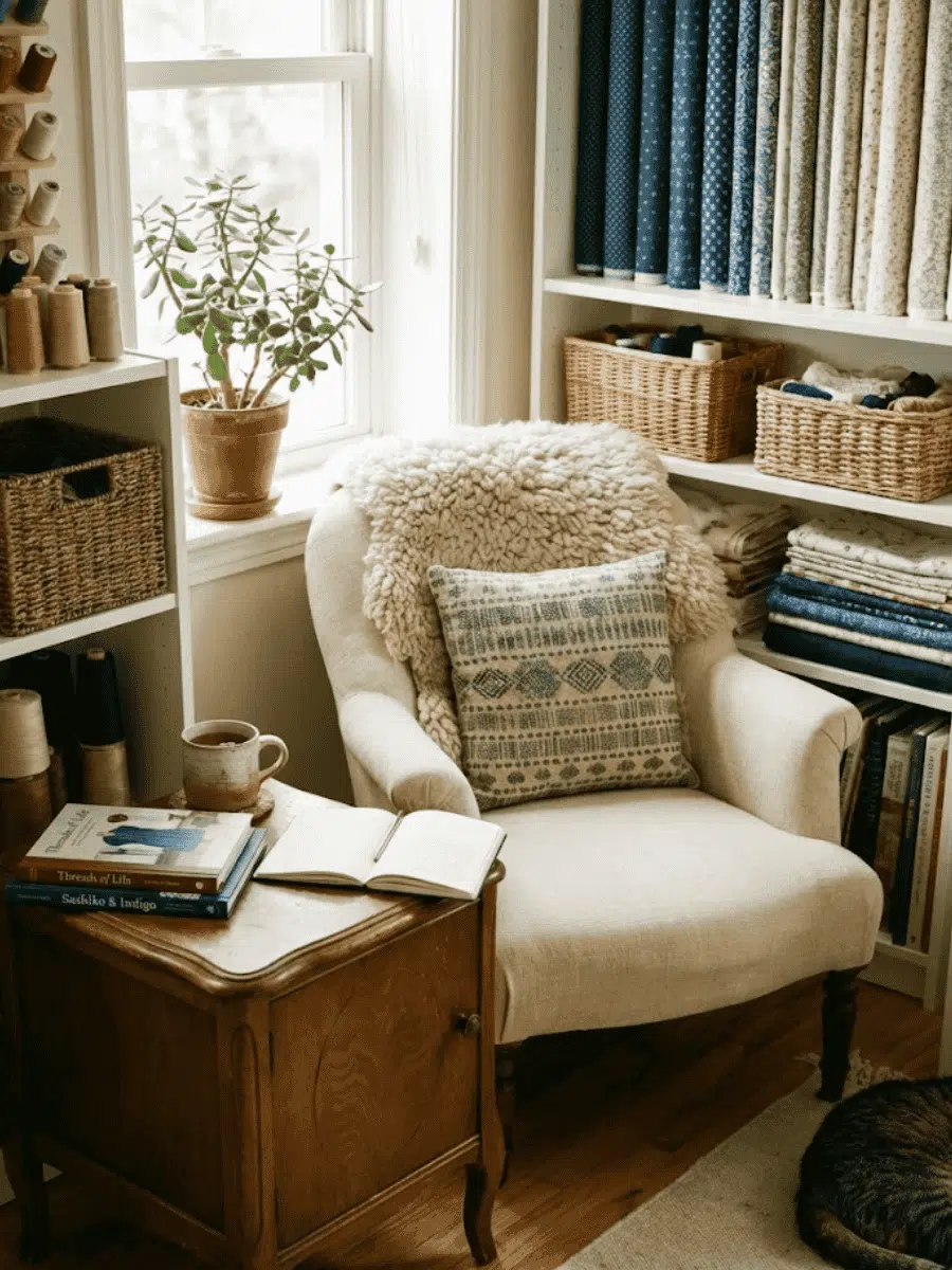 Cozy reading corner in a sewing room with a comfortable armchair, a floor reading lamp, and a basket of sewing patterns and books