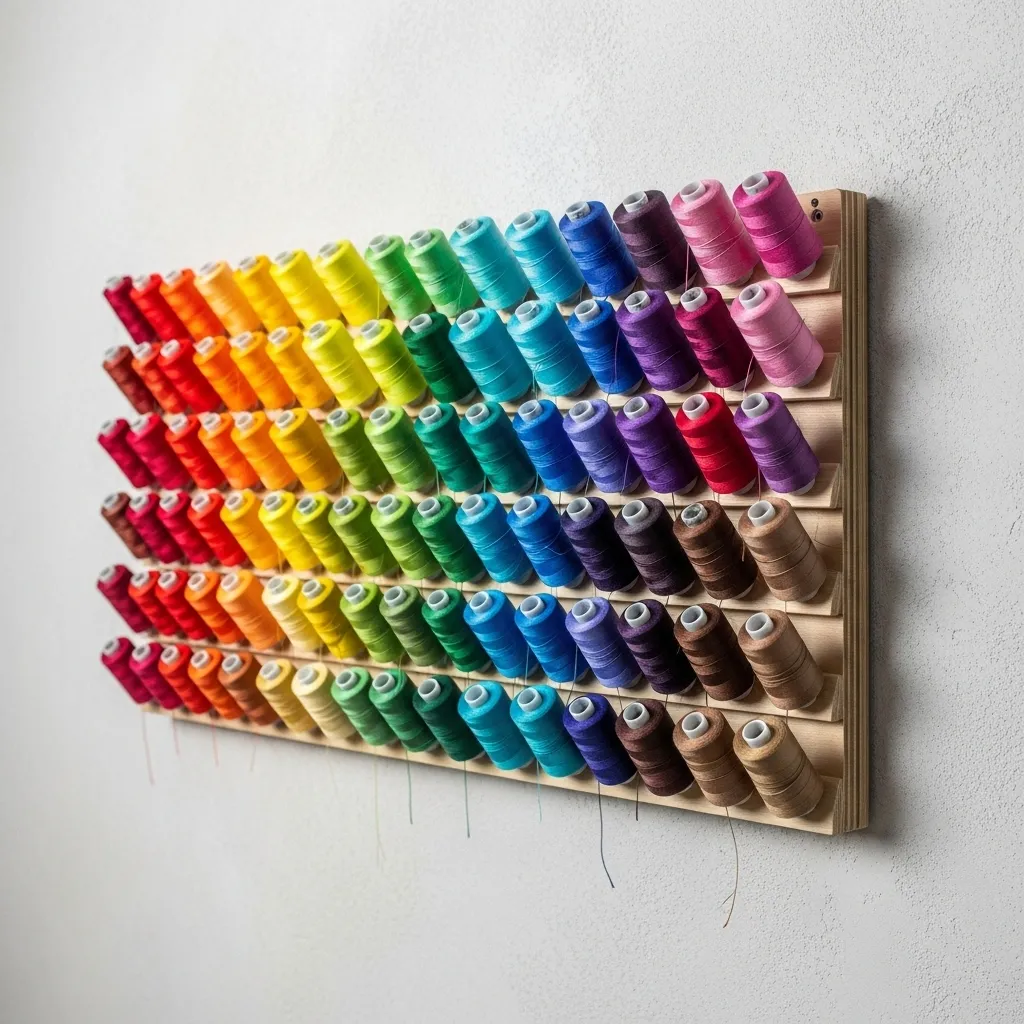 Wall-mounted wooden thread spool rack filled with colorful spools paired with clear acrylic drawer organizers for sewing notions