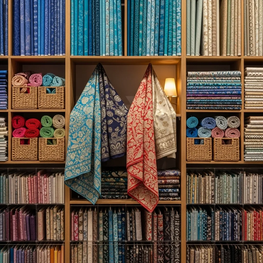 Open white shelving unit holding neatly wrapped fabric bolts arranged in a stunning rainbow gradient in a modern craft room