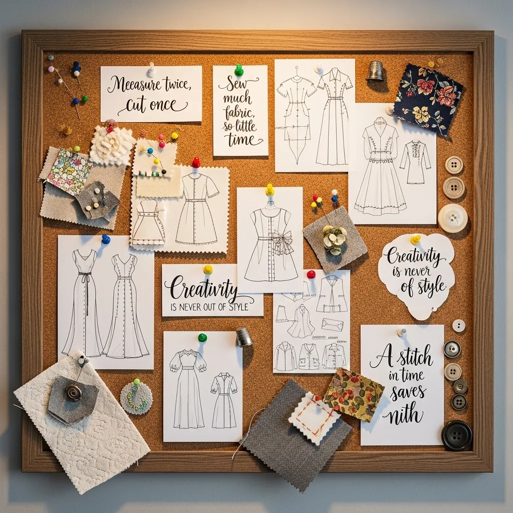 Linen pinboard design wall displaying garment sewing patterns, fabric swatches, and moodboard inspiration above a workstation