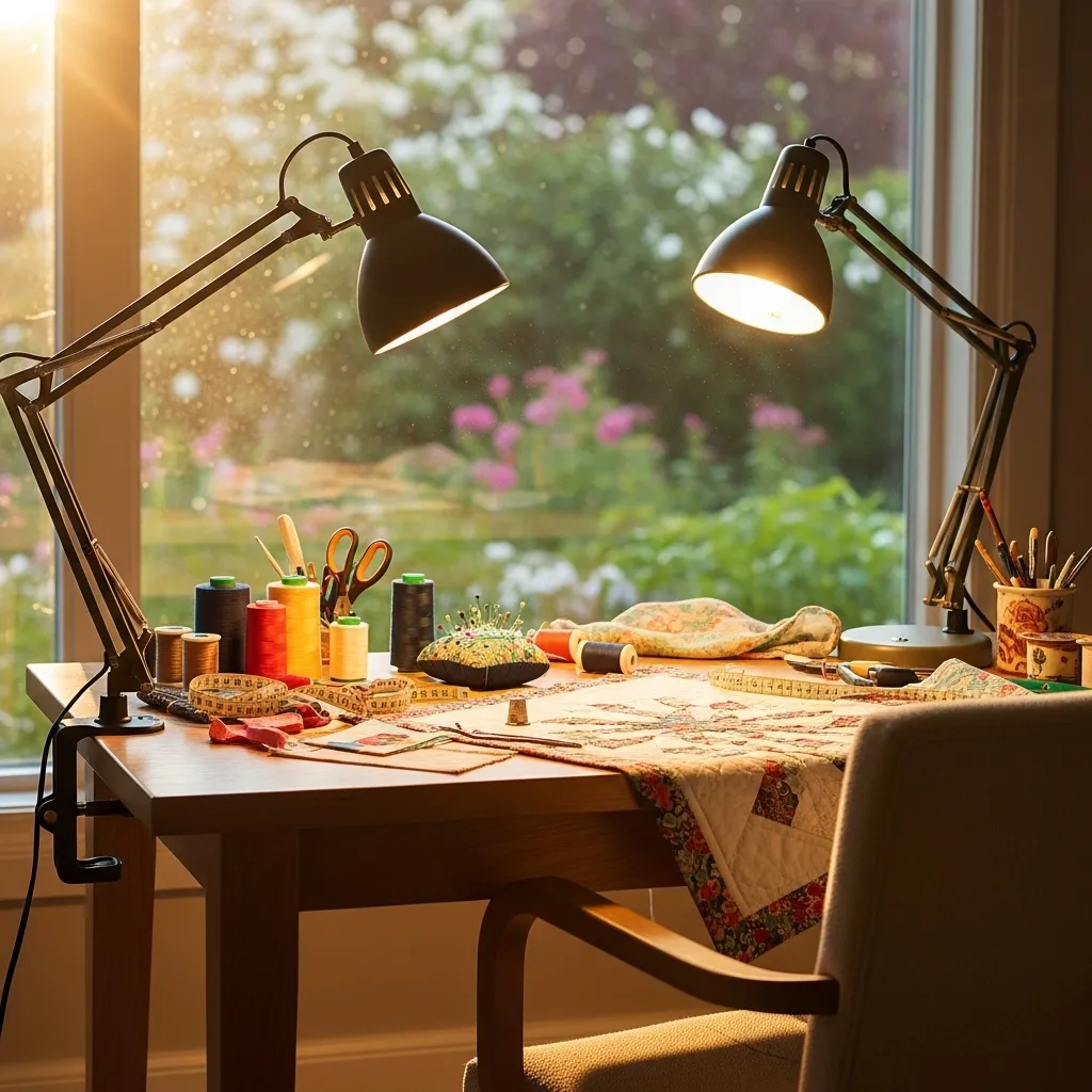 Sleek adjustable LED task lamp casting focused bright daylight illumination directly over a modern sewing machine needle bed