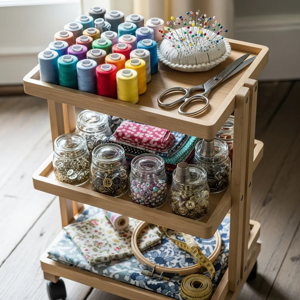 Three-tier white metal rolling craft cart stocked with sewing scissors, pin cushions, and project baskets beside a sewing desk