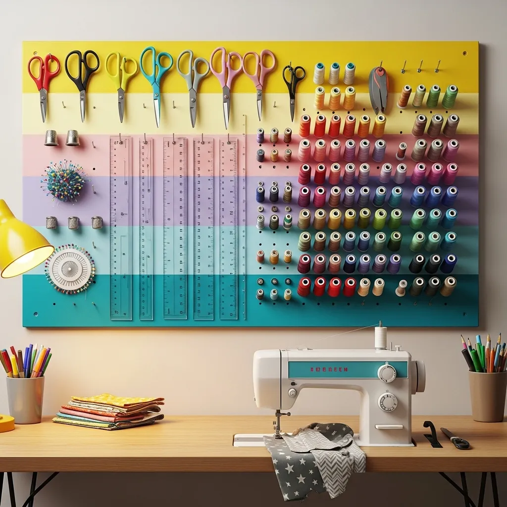 Custom painted white wall pegboard holding an assortment of tailoring scissors, rulers, and craft tools in an organized sewing room