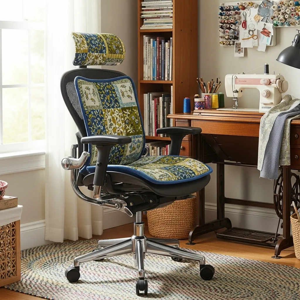 Ergonomic adjustable task chair in soft oatmeal fabric positioned in front of a clean white sewing machine desk