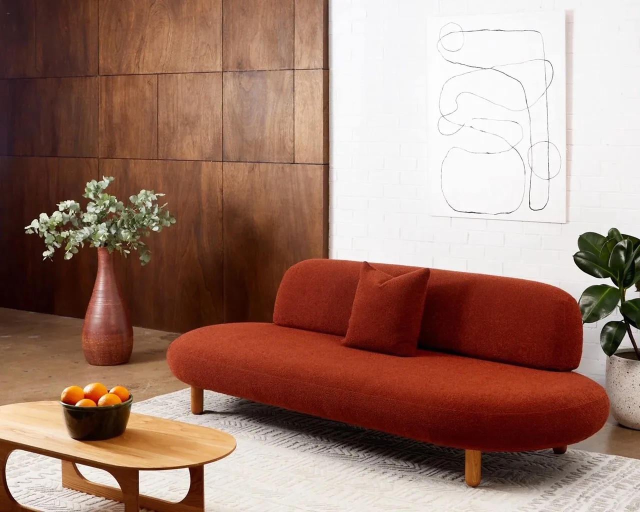 Sculptural Armless Bouclé Sofa in Minimalist Scandinavian Loft