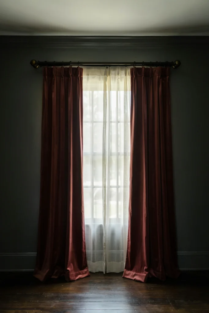 3. Heavy, Draped Curtains in Rich, Faded Fabrics