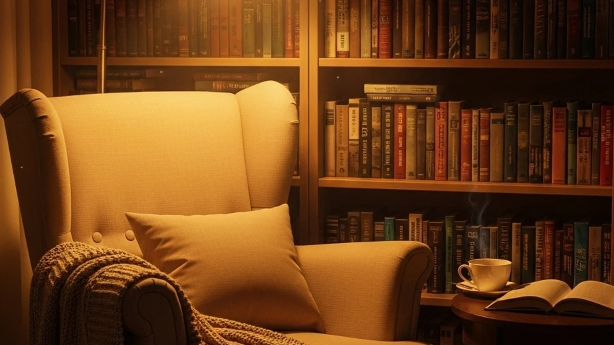 A reading room with a cozy chair and full bookshelves