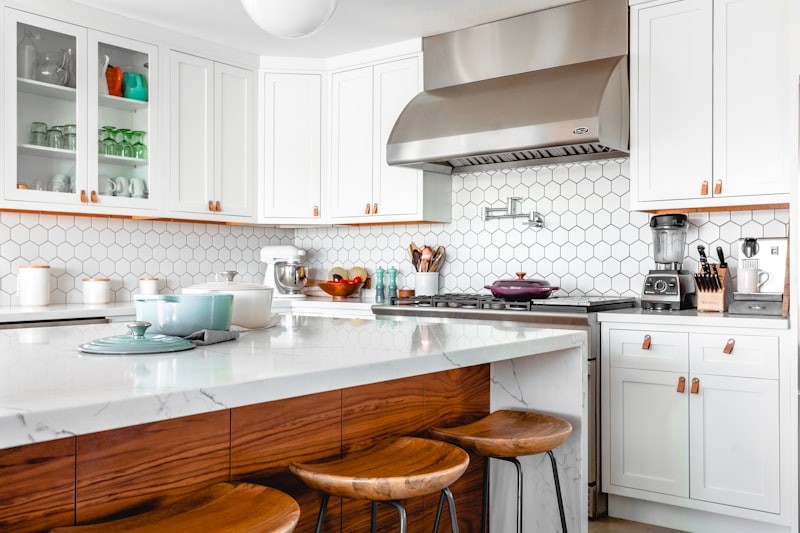 Ceiling Mounted Hanging Pot Rack in Compact Kitchen
