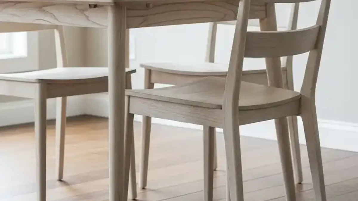 Warm tapered wood dining table and chairs against bright neutral walls