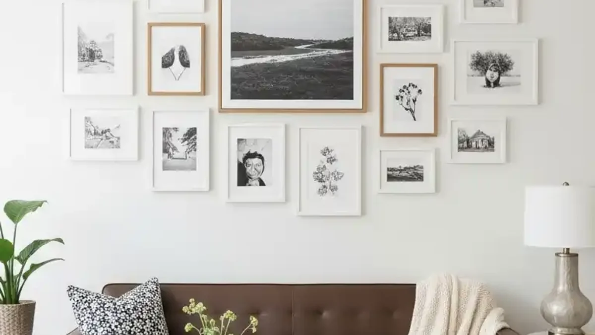 Curated gallery wall above a small wooden dining table and chairs