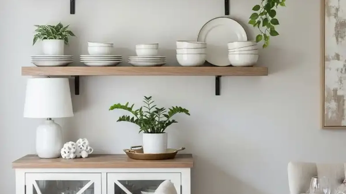 Warm wooden floating shelves displaying ceramics above a small dining space