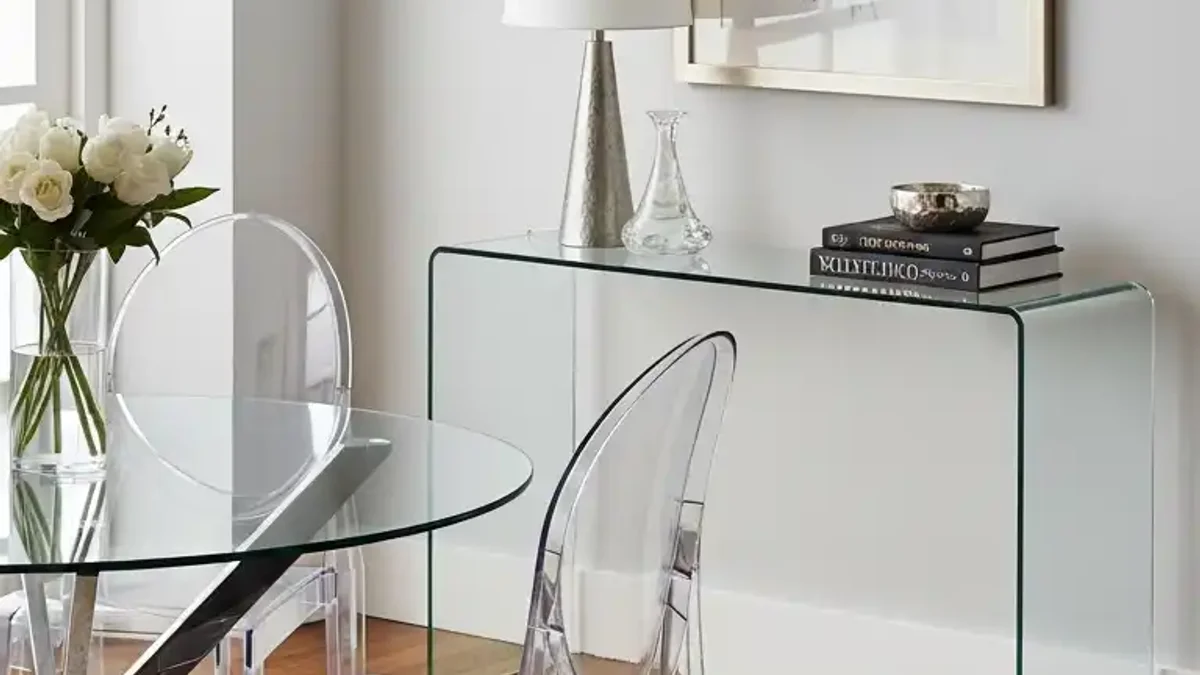 Round glass-top dining table in a bright compact dining room