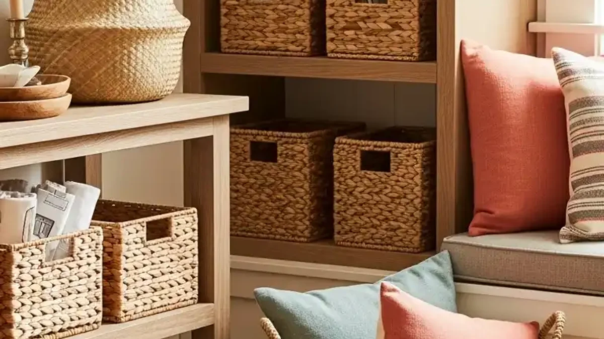 Small dining area styled with woven storage baskets and layered chair cushions