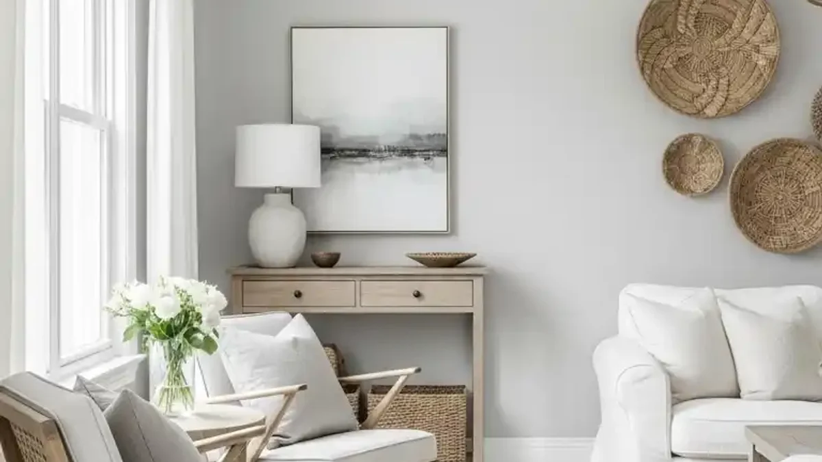 Tiny dining room with warm light neutral monochromatic walls and natural wood accents
