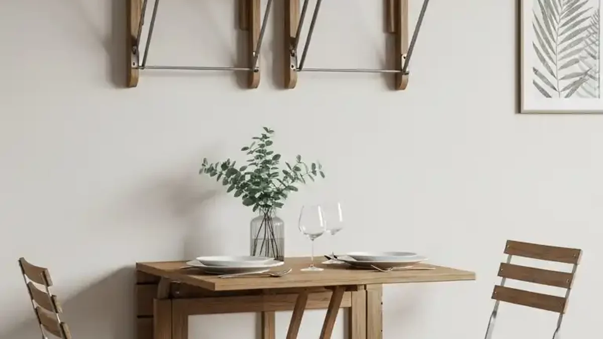 Foldable and space-saving wooden table and chairs in a bright small dining nook