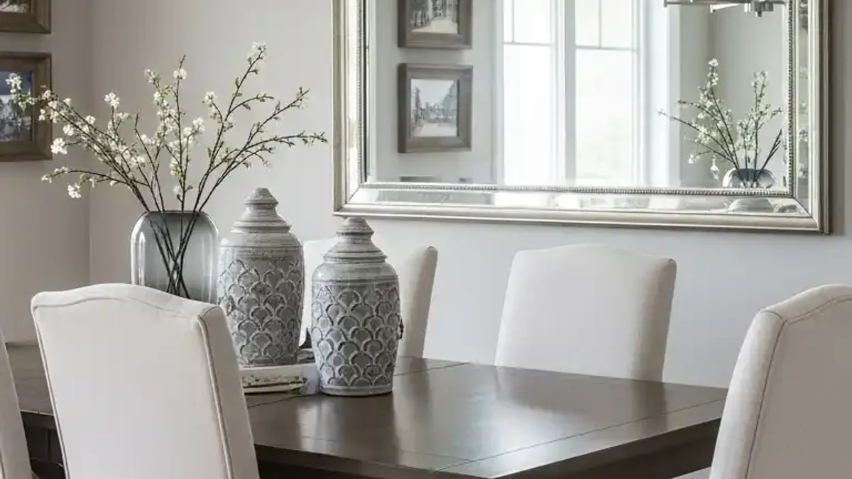 Small dining room with large wall mirror doubling visual space and warm light