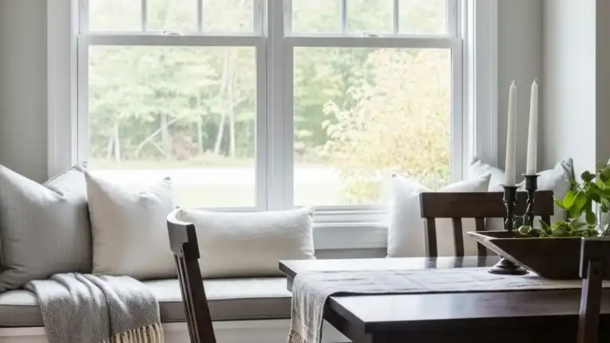 Cozy window bench seating tucked along one side of a compact dining table