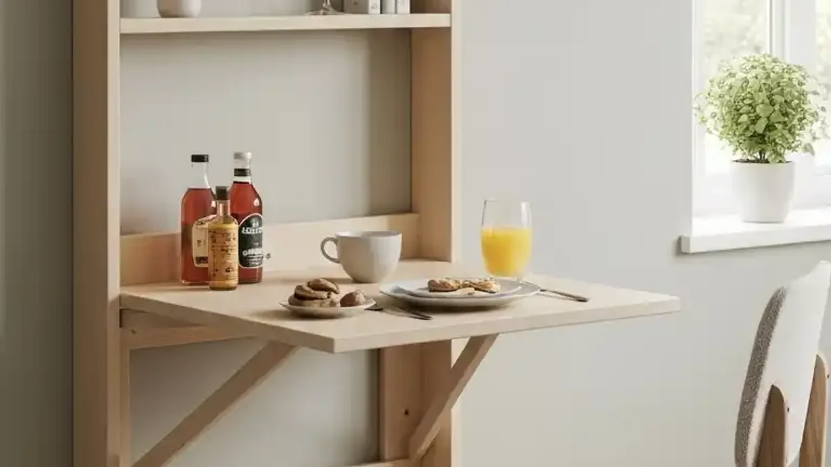 Wall-mounted wooden drop-leaf dining table with shelving in a small apartment