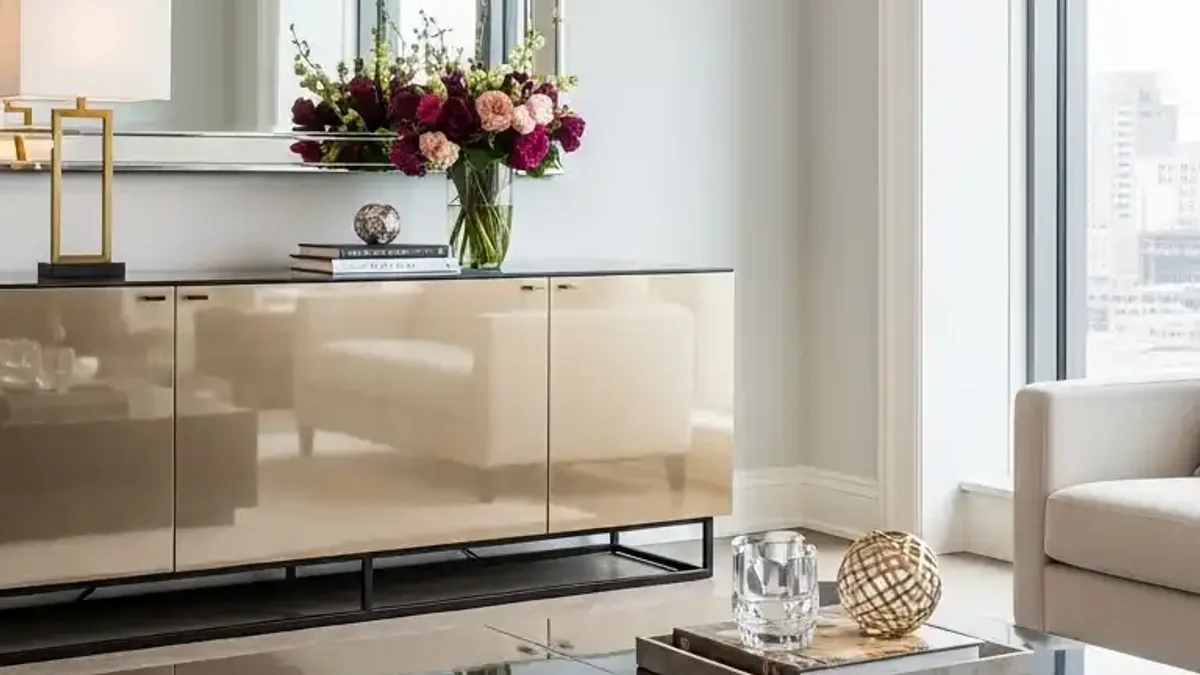 Small dining room with layered chandelier and warm reflective table lamp lighting