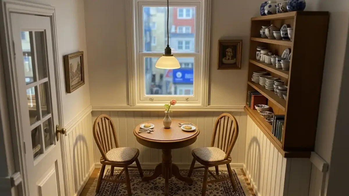 Cozy tiny dining room with round wooden pedestal table, Windsor chairs, and warm pendant light