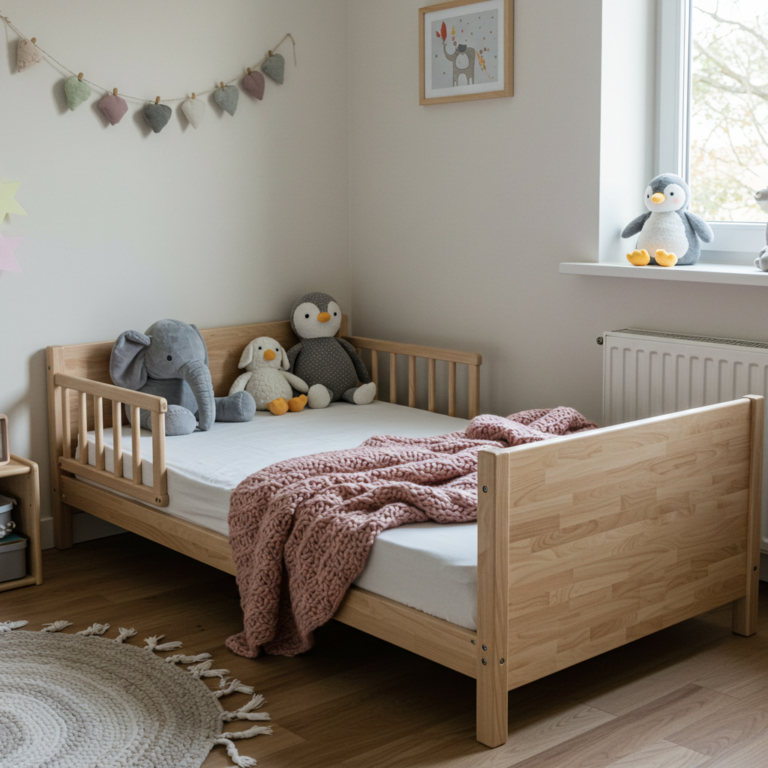 Low wooden Montessori house-frame toddler bed with neutral striped bedding and soft floor rug in a bright toddler boy room