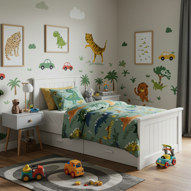 Spacious toddler bedroom layout showcasing perimeter furniture placement leaving a wide open central play floor with soft rug