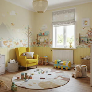 Natural wooden wall display shelf holding a curated row of soft plush animals, teddy bears, and knit toys in a toddler room