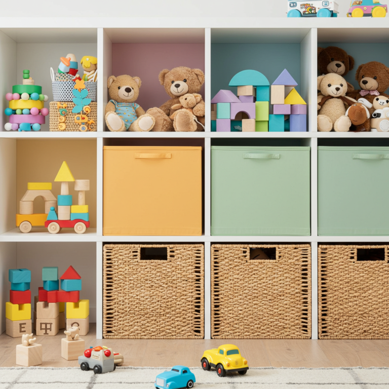 Low horizontal natural wood toy shelving displaying curated wooden blocks, toy cars, and books in an organized toddler room